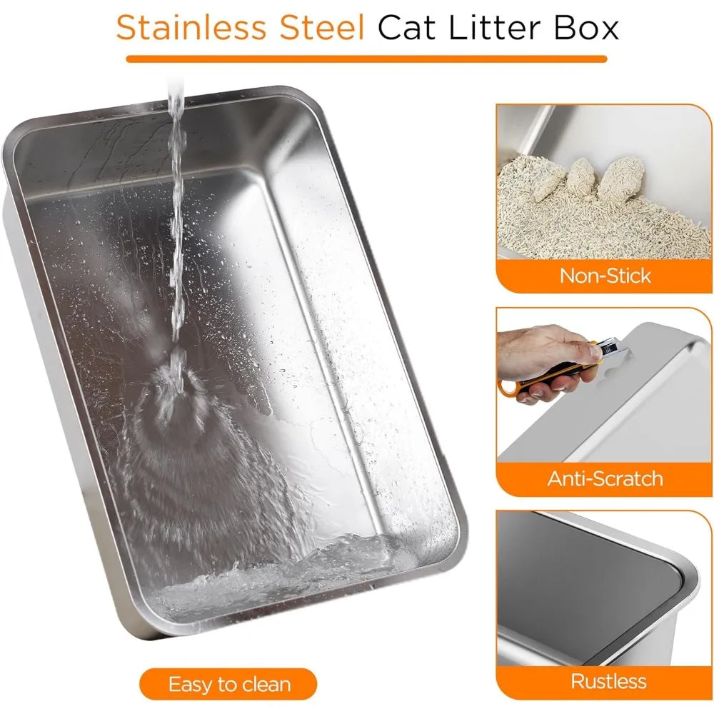 Extra Large Enclosed Stainless Steel Litter Box with Lid Scoop and Mat Odor Control for Big Cats