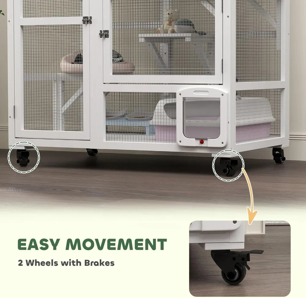Indoor Wooden Cat Enclosure On Wheels With Three Platforms Hammock Cat Flap Door