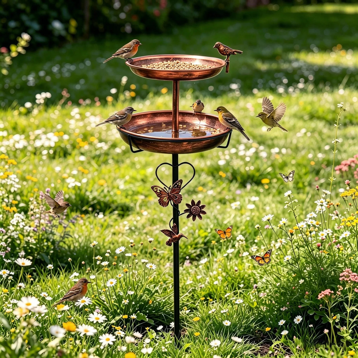118cm Double Layer Bird Bath Stand for Outside Metal Birdbaths Feeder Bowls with 5-Pronged Base for Garden Patio Yard Lawn Decor