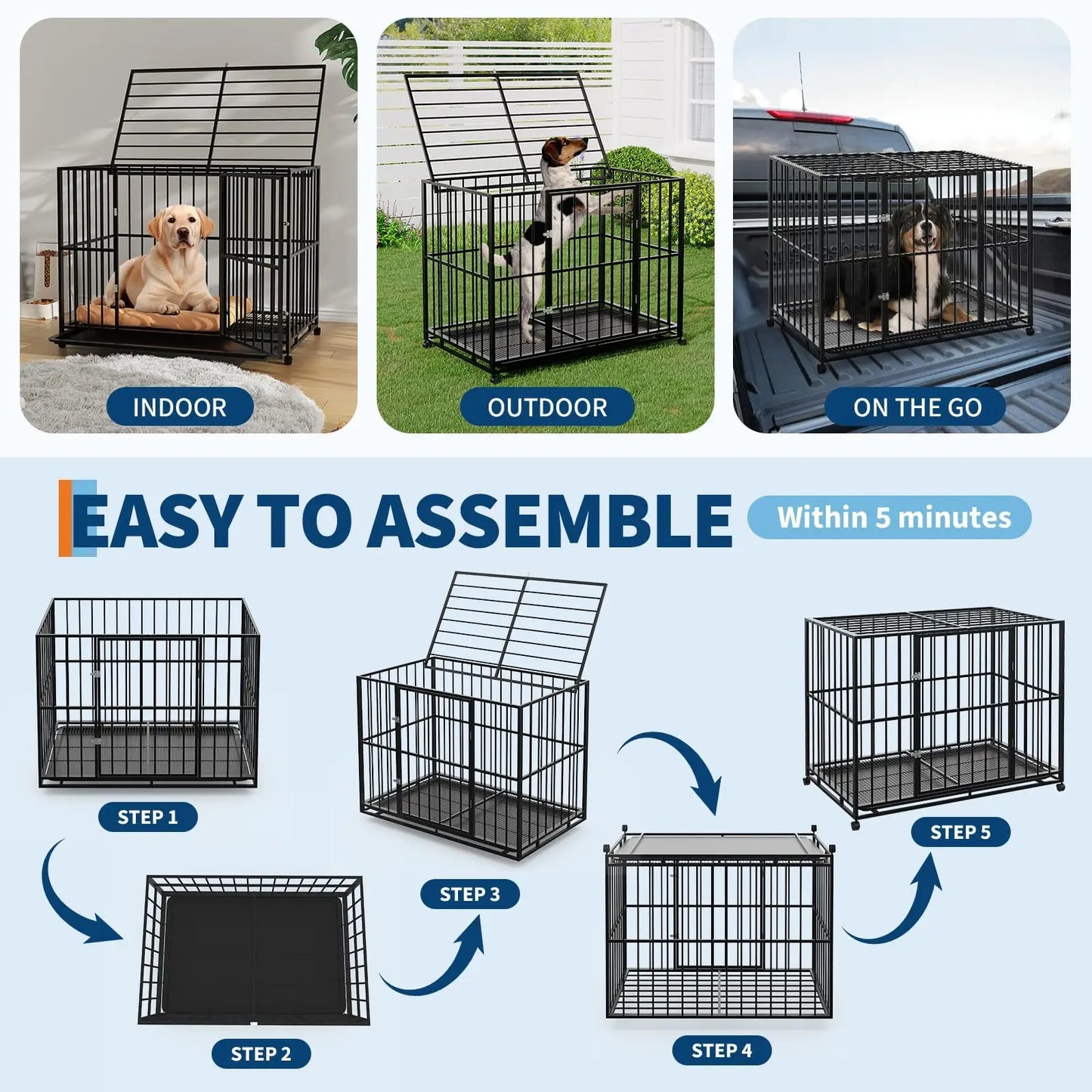 HiMISS Indestructible Heavy Duty Stainless Steel Dog Crate With Wheels