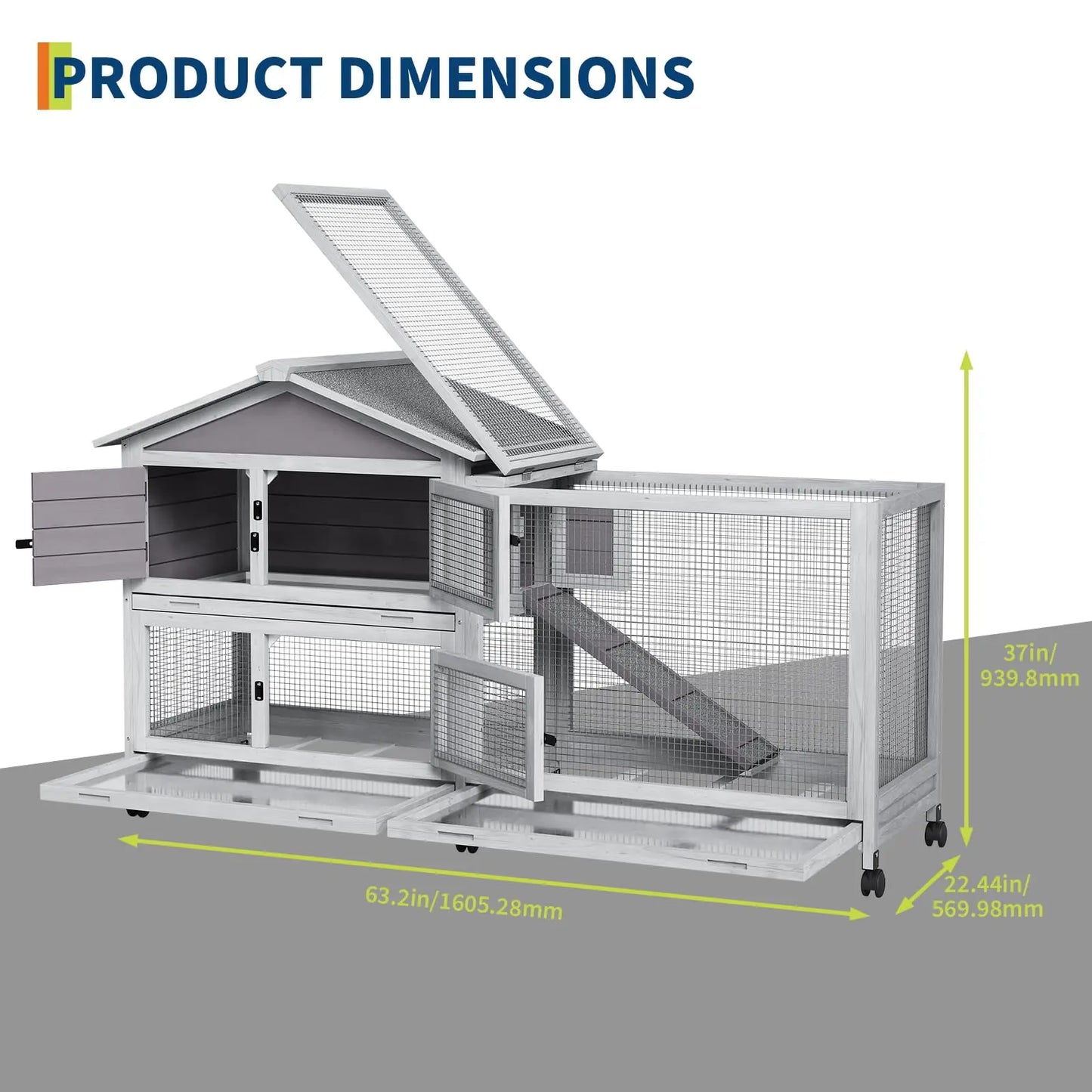 HiMISS Two Story Weatherproof Rabbit Hutch With Lockable Wheels Indoor Outdoor