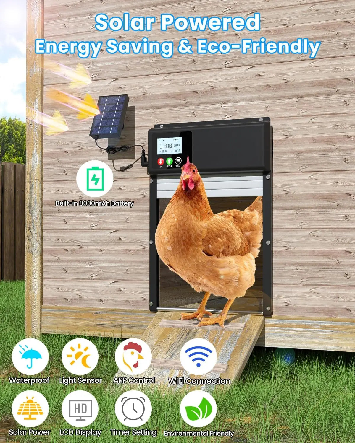 WiFi Automatic Chicken Coop Door Opener With 8000mAh Battery Timing Light Sensor