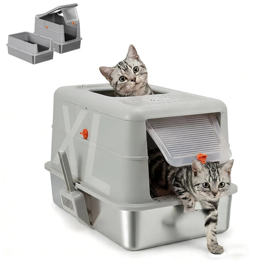 Stainless Steel Cat Litter Box With Enclosed Odor Control Flip Top Lid