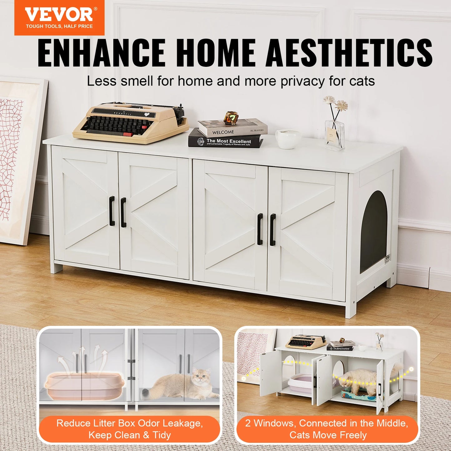 Cat Litter Box Enclosure Cabinet For Two Cats, Hidden Wooden Design
