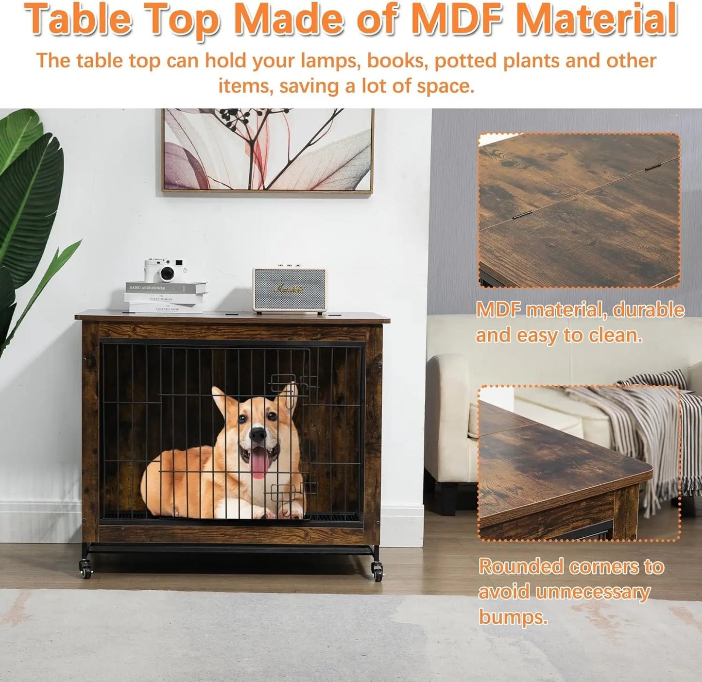 HiMISS Rustic Dog Crate Furniture With Wheels Indoor AntiChew Kennel