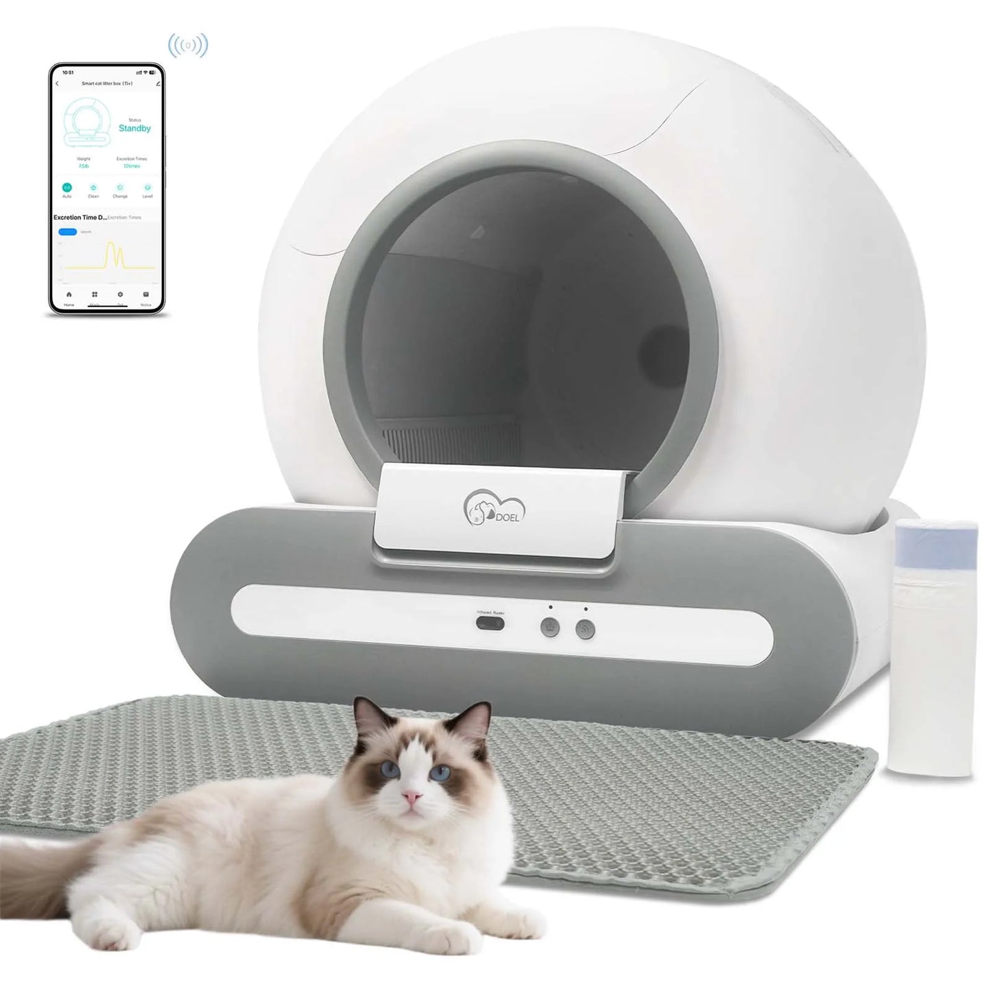 Doel 65L Self Cleaning Cat Litter Box App Control Litter Mat And Bags