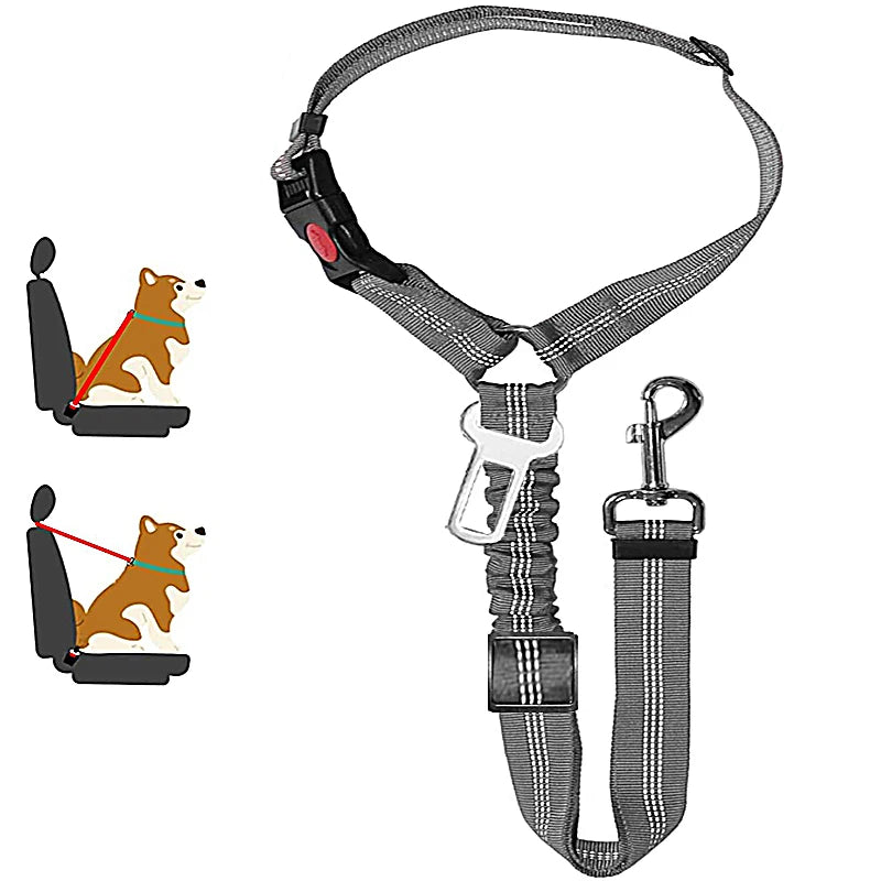 Two-In-One Pet Car Seat Belt Harness And Leash, Adjustable, Reflective