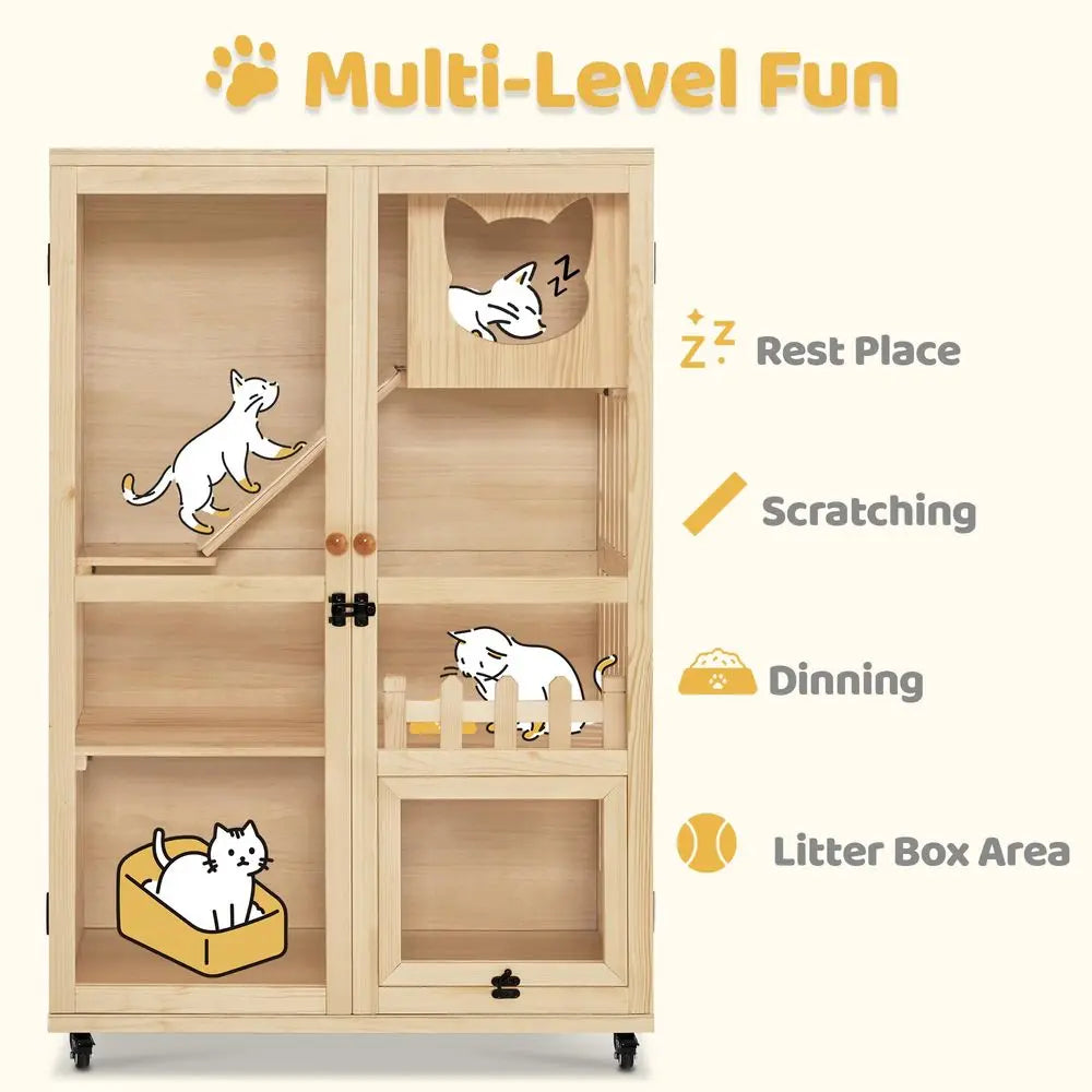 Luxury Wooden Cat Villa For Indoor Cats With Scratching Pad And Lockable Doors
