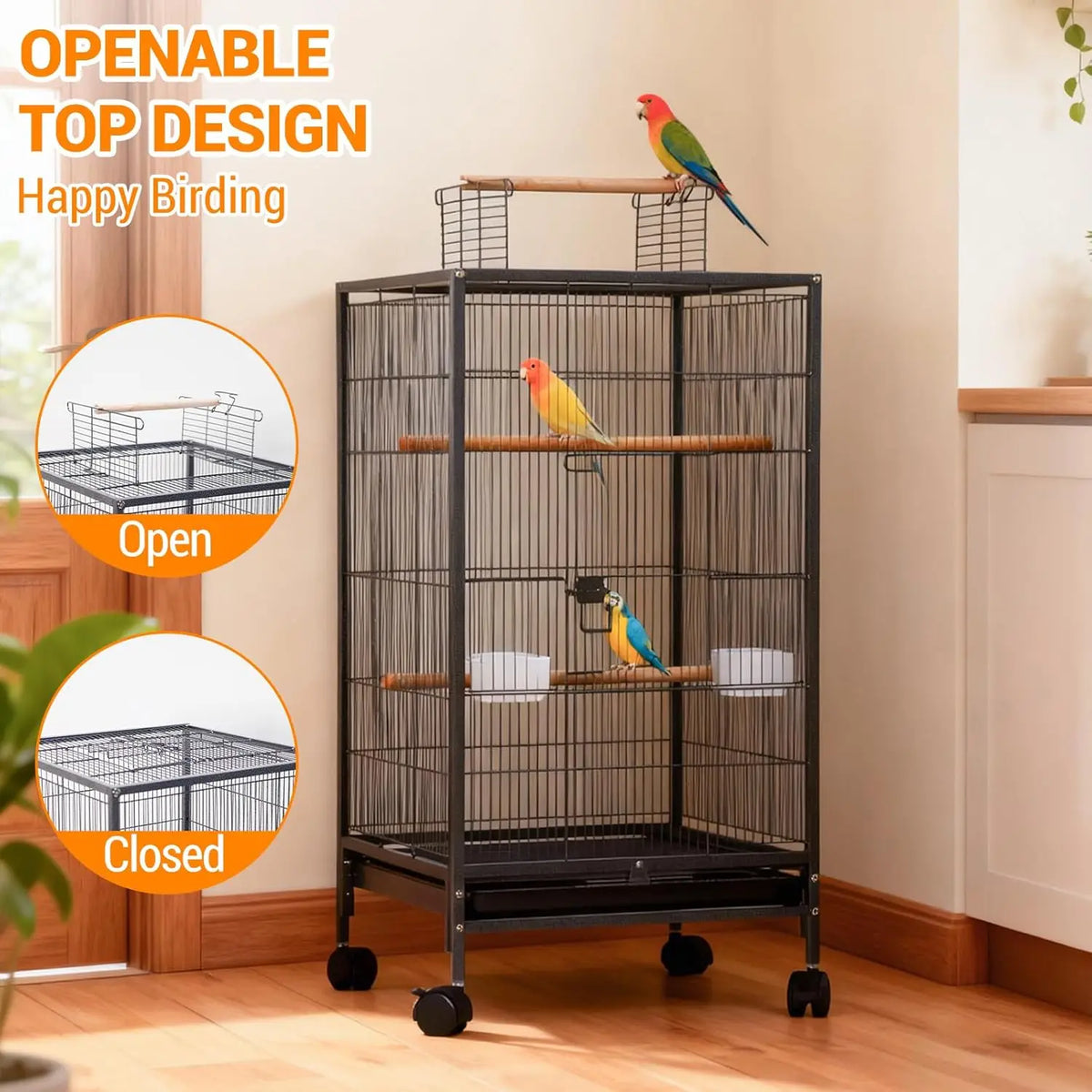 101cm Large Bird Cage Play Open Top Budgie Cage with Rolling Stand Slide-Out Tray Water Bottle Feeder, Indoor Outdoor Cage