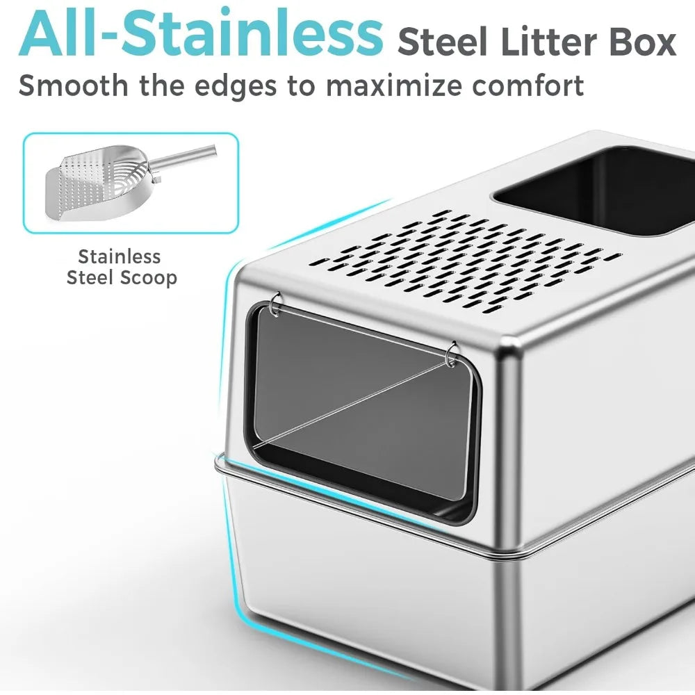 Enclosed Stainless Steel Litter Box High Sided Odor Control Easy Clean
