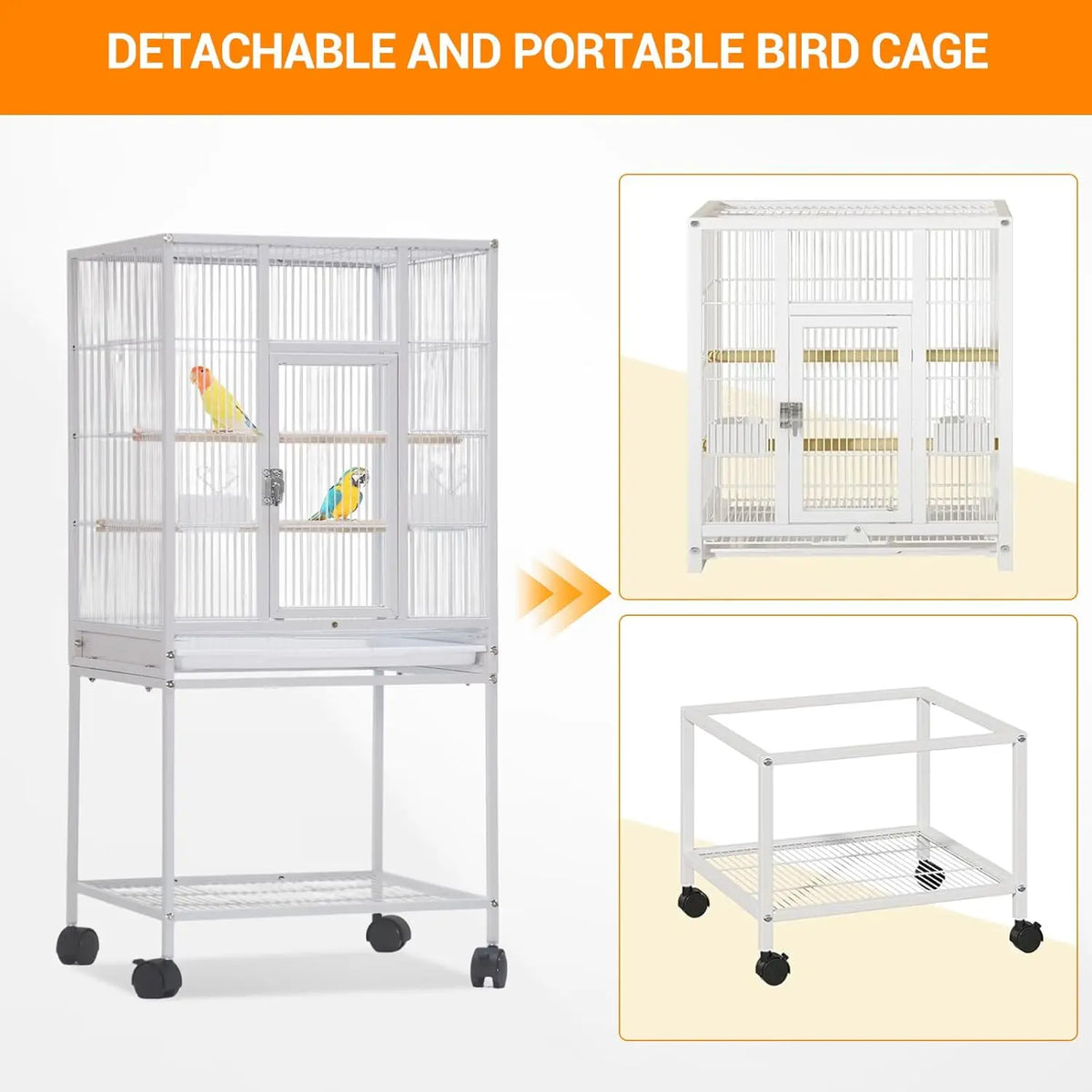 Large Bird Cage with Rolling Stand, Wrought Iron Parakeet Cage with Slide Out Tray Parrot Cages with Tray Food Boxes and Wooden
