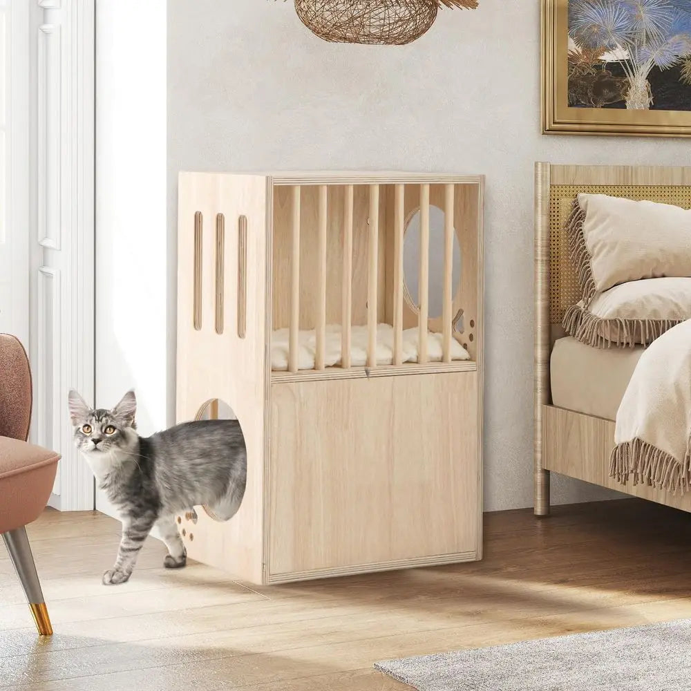 Two Tier Luxury Wood Cat House With Plush Cushions