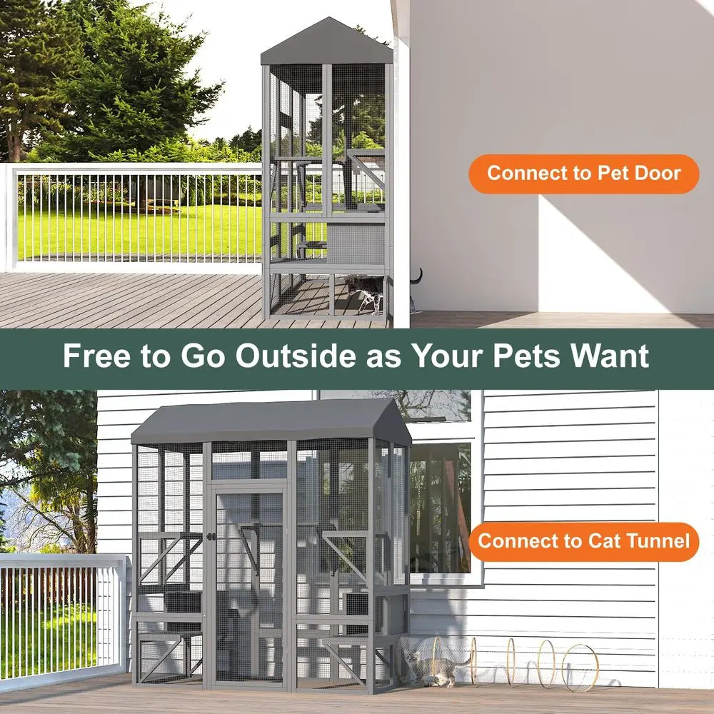 Outdoor Cat Enclosure For Multiple Cats With Waterproof Cover