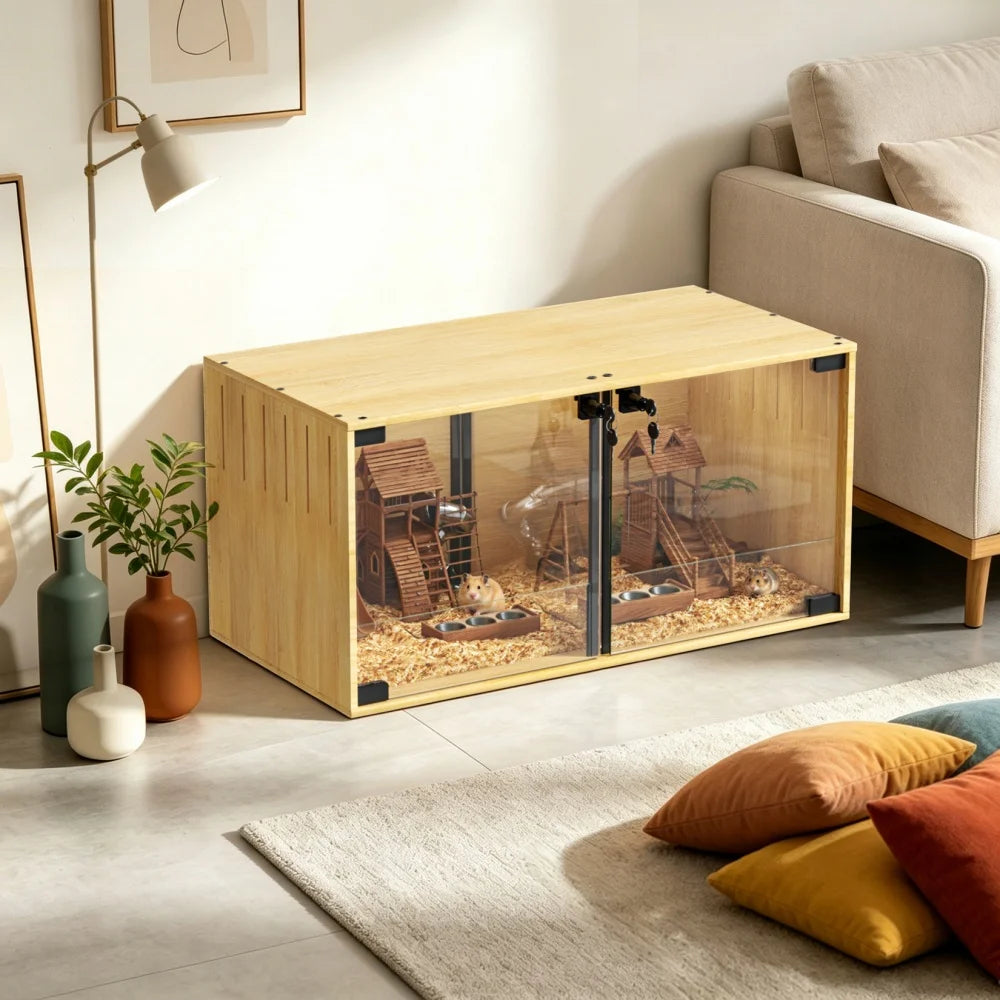 Wooden Hamster Cage With Dual Doors And Removable Divider Chew Proof