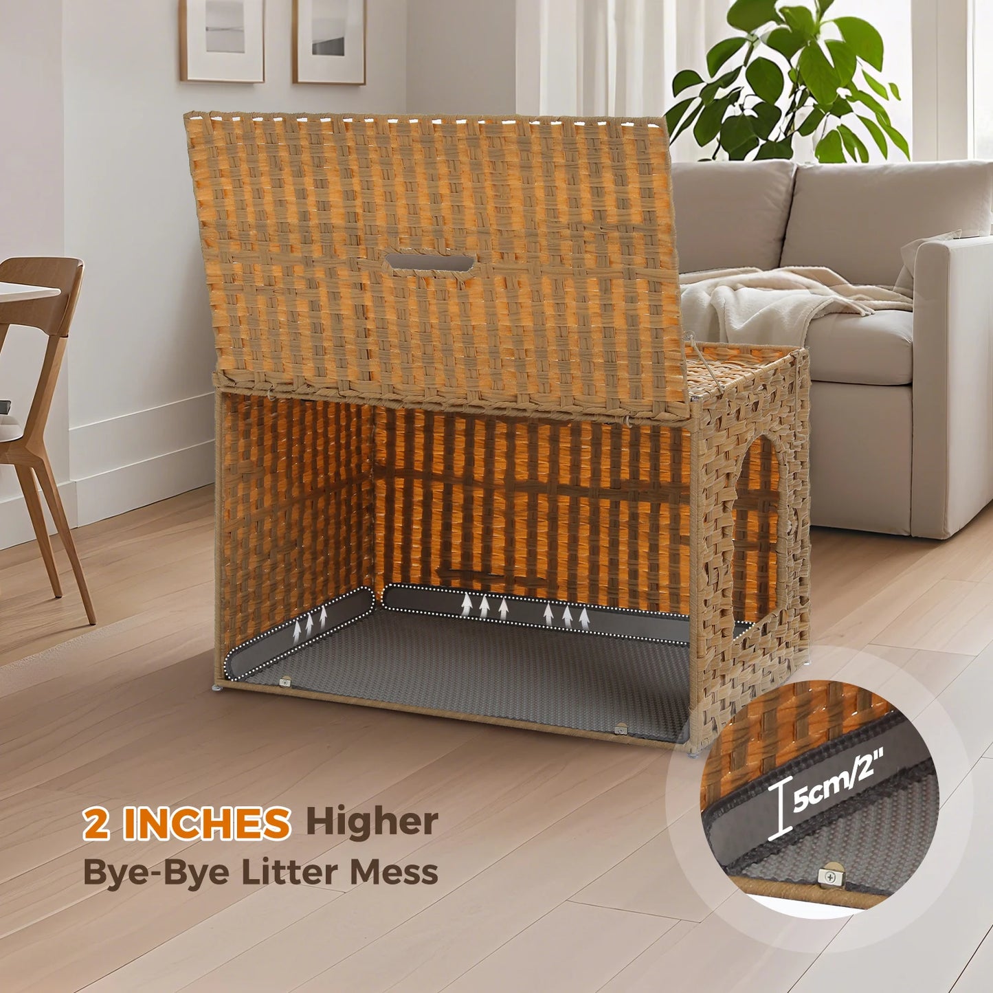 PEQULTI Rattan Cat Litter Box Enclosure With Taller Doorway And Raised Edge Mat