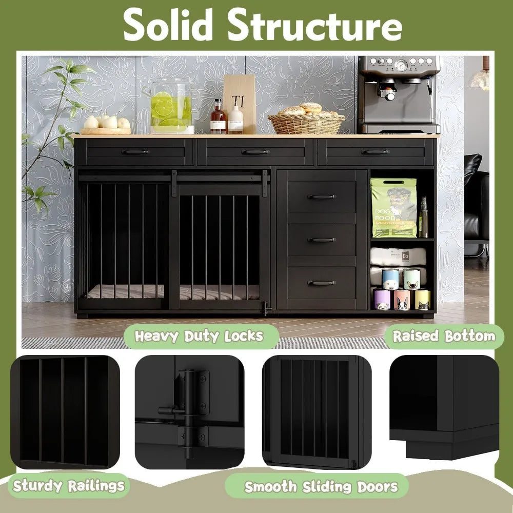 Wooden Heavy Duty Dog Crate Table With Storage Drawers Shelves