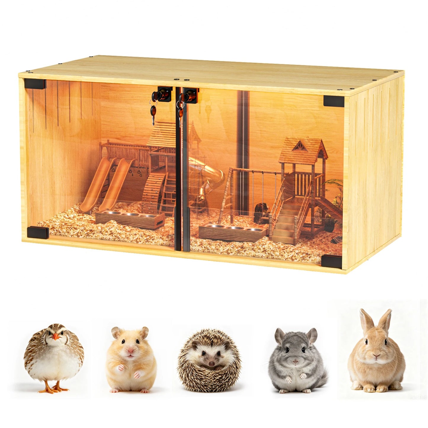 Wooden Hamster Cage With Dual Doors And Removable Divider Chew Proof