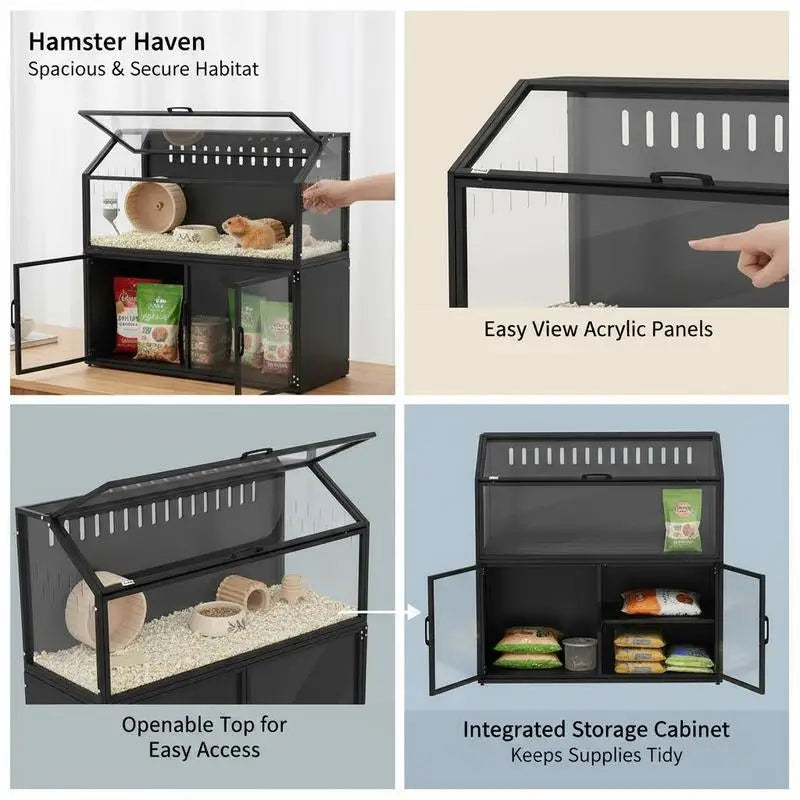 Hamster Cage With Storage Cabinet And Easy View Acrylic Panels Openable Top
