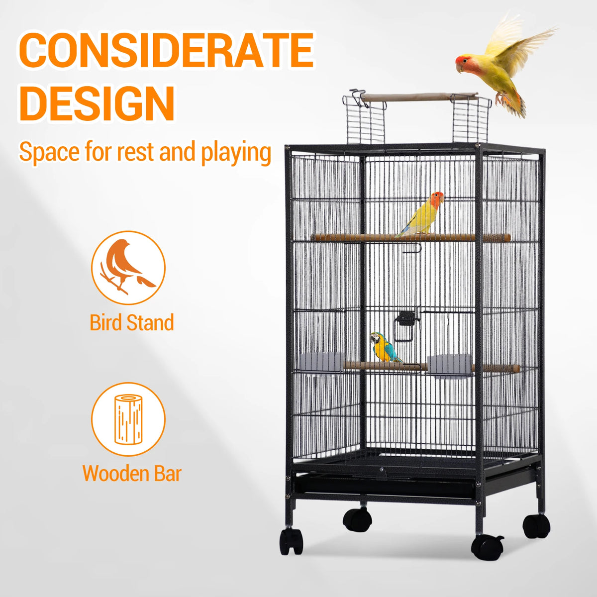 40 Inch Open Top Metal Bird Cage With Wooden Perches Slide-Out Tray Wheels Water Bottle Feeder For Parrot Parakeet Cockatiel