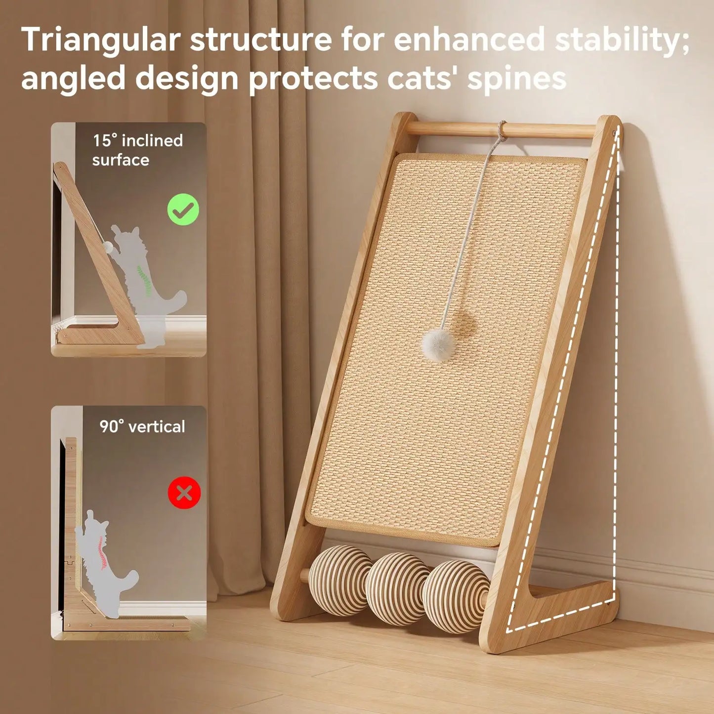 L Shaped Cat Scratching Post, Tall Sisal & Wooden Base Cat Scratcher Board for Indoor Cats, Sturdy Vertical Cats Scratching Pad Protects Furniture