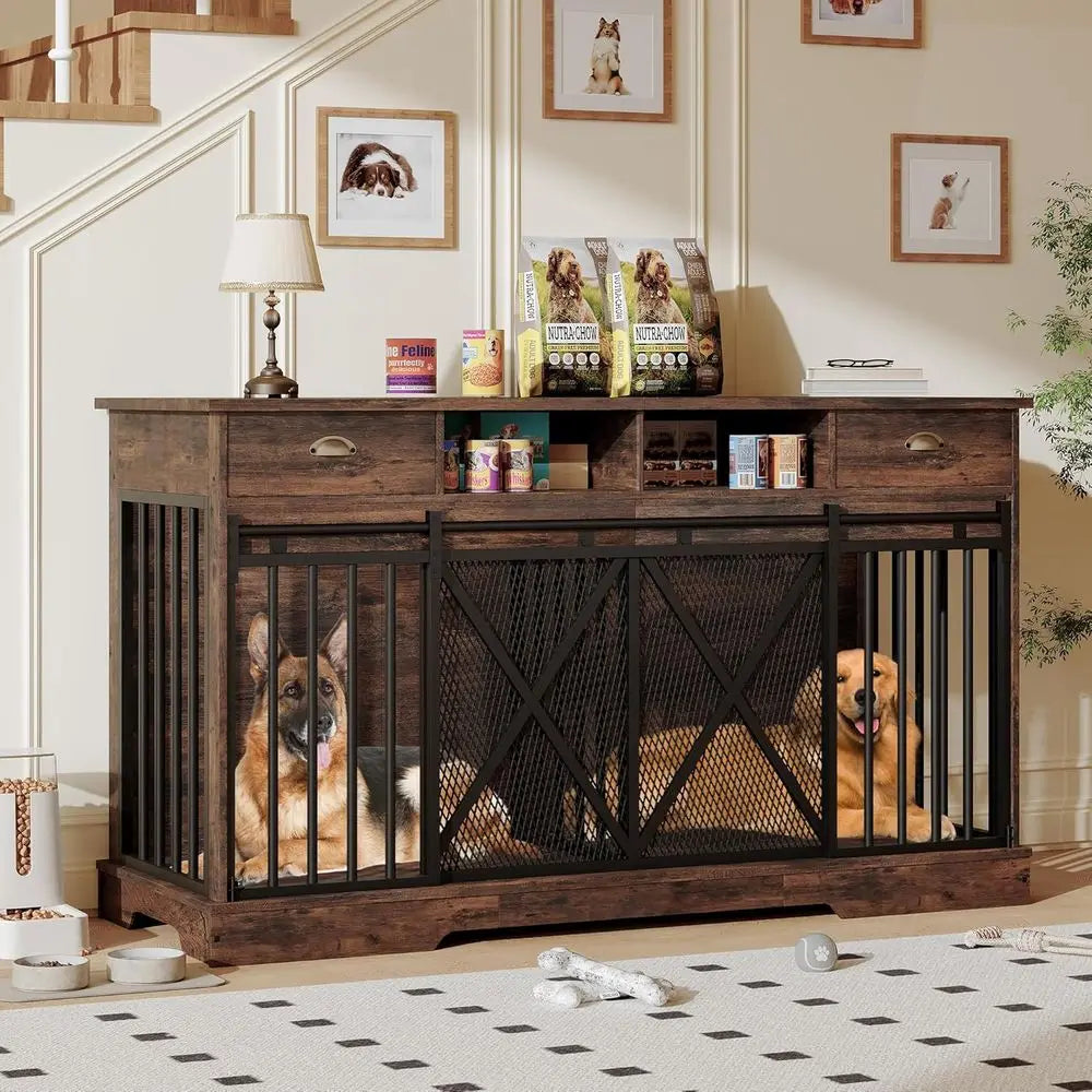 Double Dog Crate Furniture With Divider And Sliding Doors