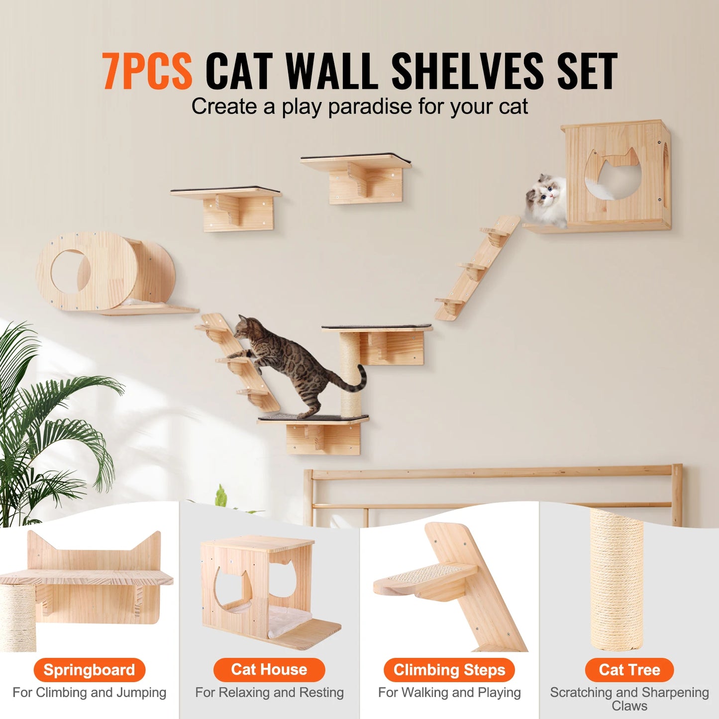 SucceBuy Wall Mounted Cat Shelves Kit With Jumping Boards Perches